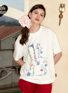 HEARTBECKON原创品牌新款【春日花卉】印花纯棉宽松情侣短袖T恤衫