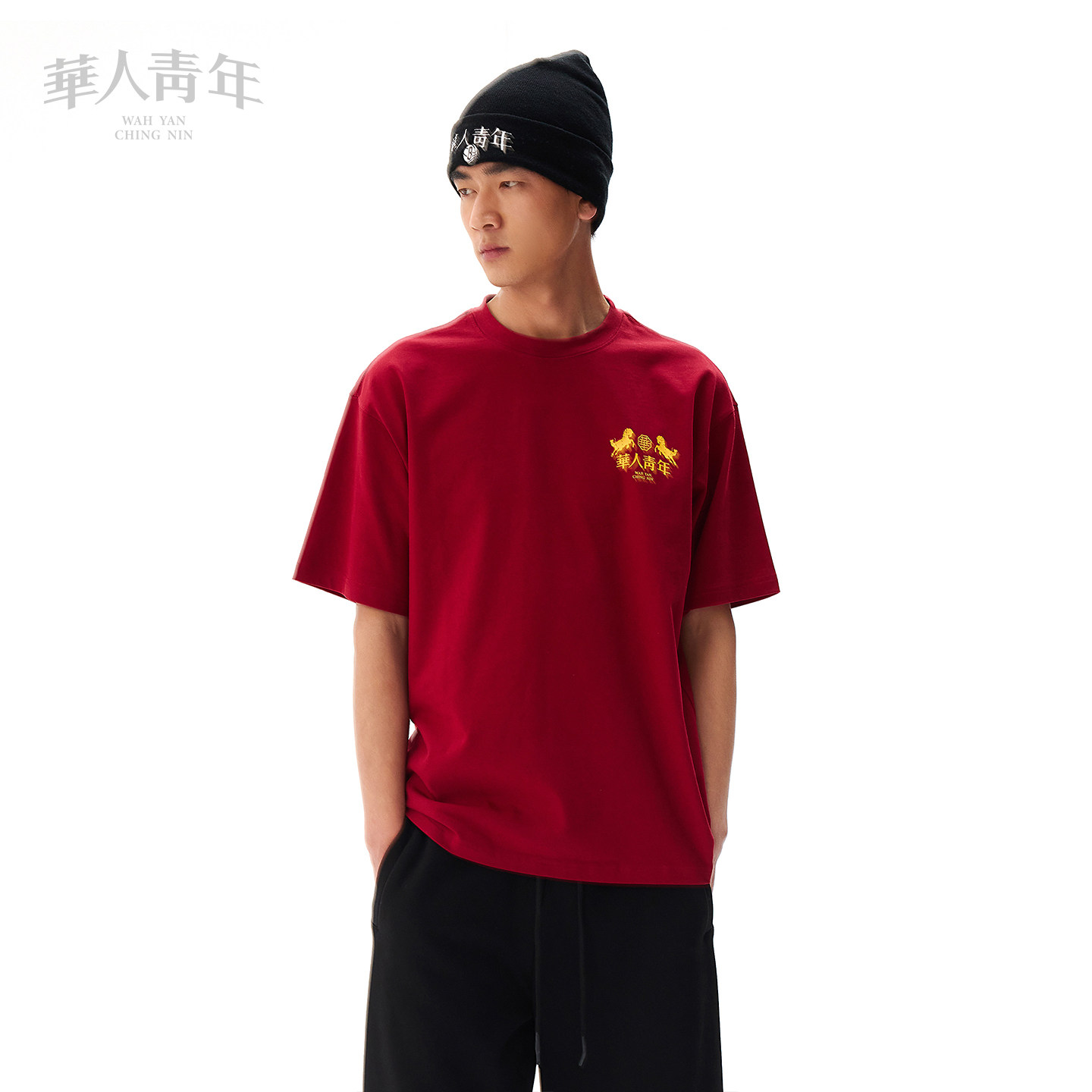 华人青年马年限定简约宽松印花logoT恤男女同款纯棉情侣短袖潮