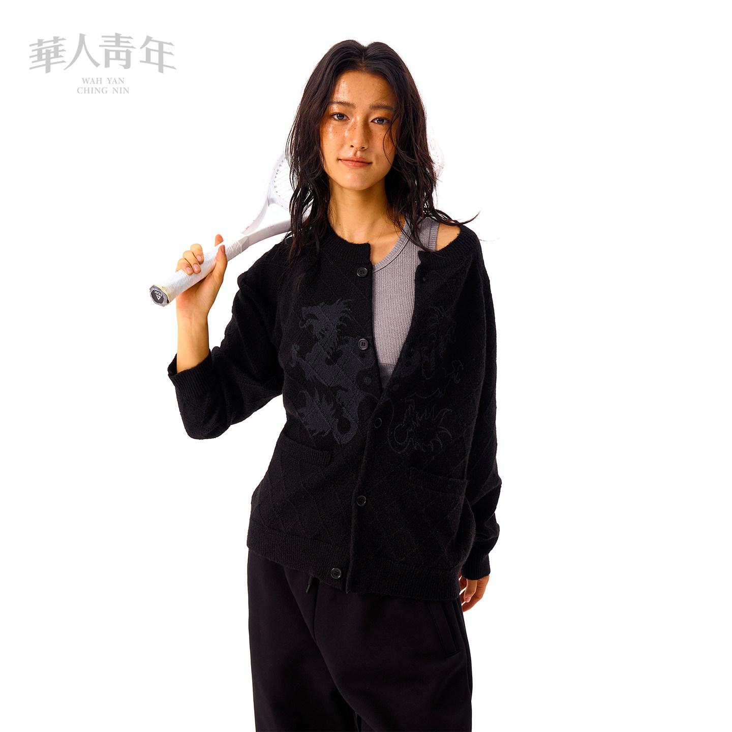 华人青年龙印花镂空毛衣秋季新款菱格休闲针织衫宽松通勤圆领上衣