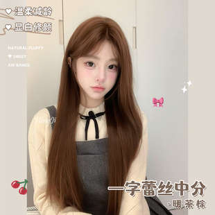 哼唧假发女日常网长直发一字前蕾丝中分新款 自然全头套