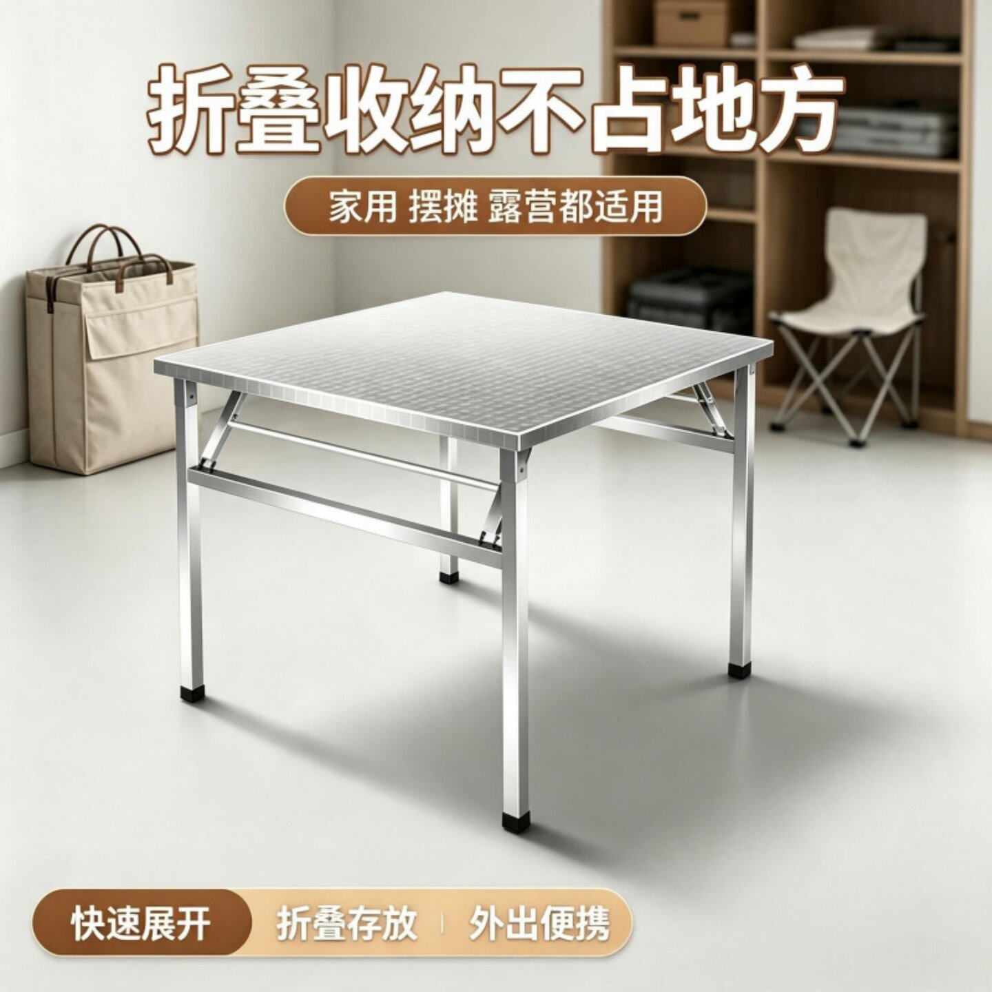 家用便携式出租屋不锈钢折叠桌餐桌子摆地摊小方桌户外摆摊烧烤桌