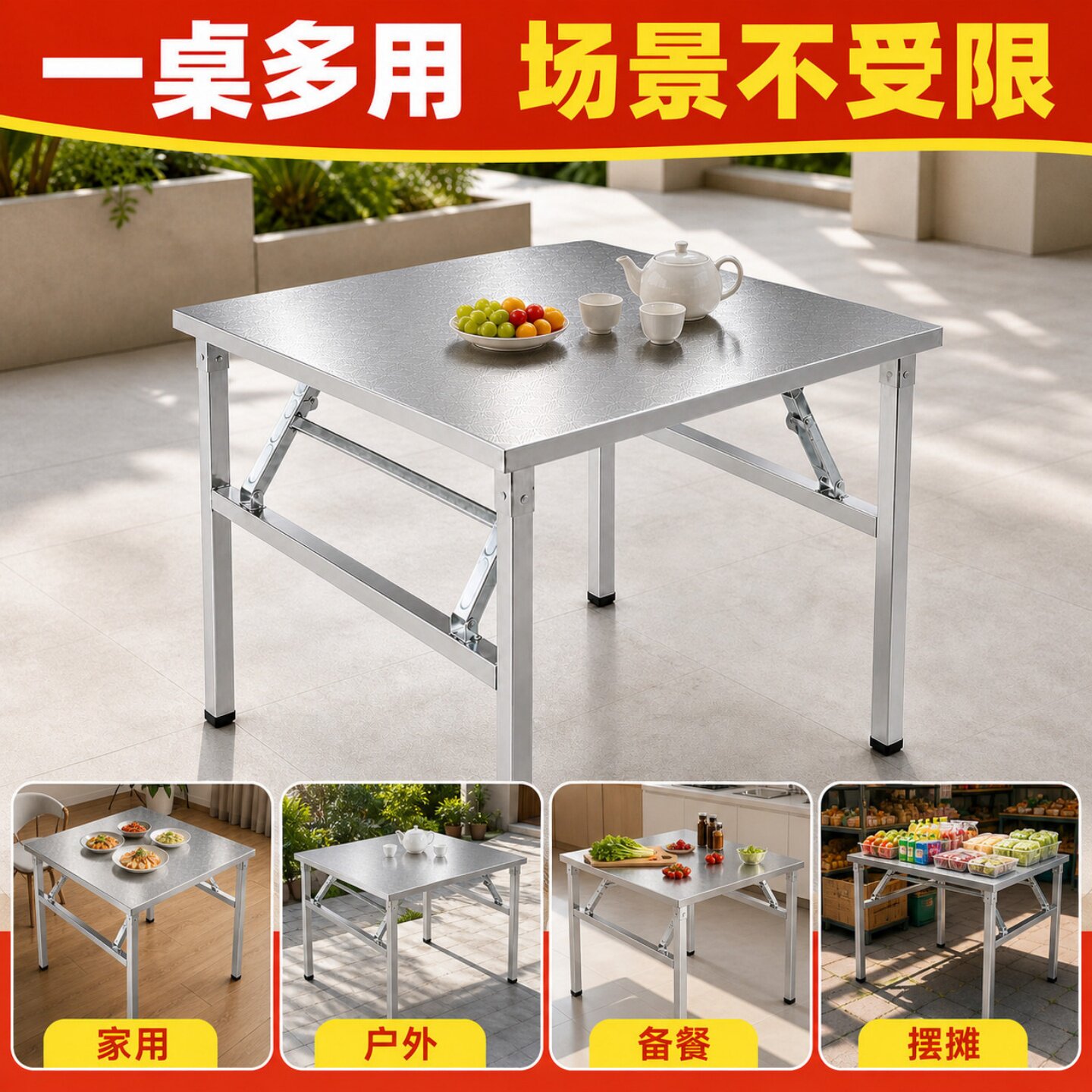 一体不锈钢折叠桌简约烤火桌摆摊烧烤桌长方桌外摆餐饮桌吃饭桌子