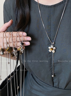 。秋冬美拉德虎眼石双层可拆卸珍珠项链女复古轻奢冬天配毛衣的项