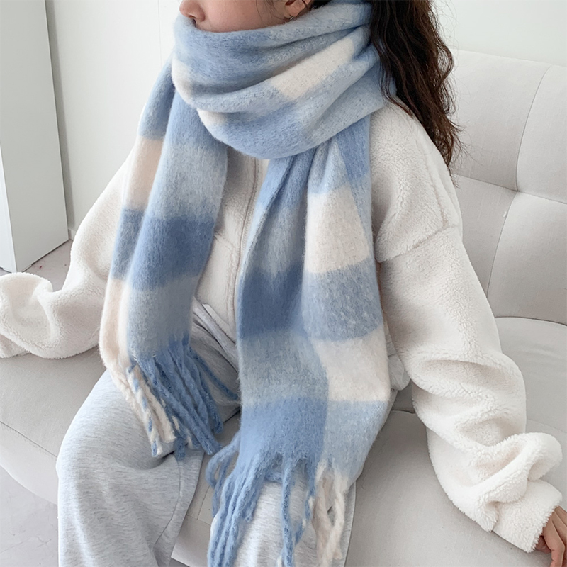 加厚彩虹格子围巾女秋冬韩版