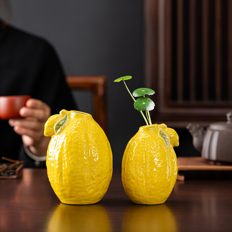创意柠檬花瓶陶瓷绿箩水培器皿高级感客厅餐桌办公桌上放的小摆件