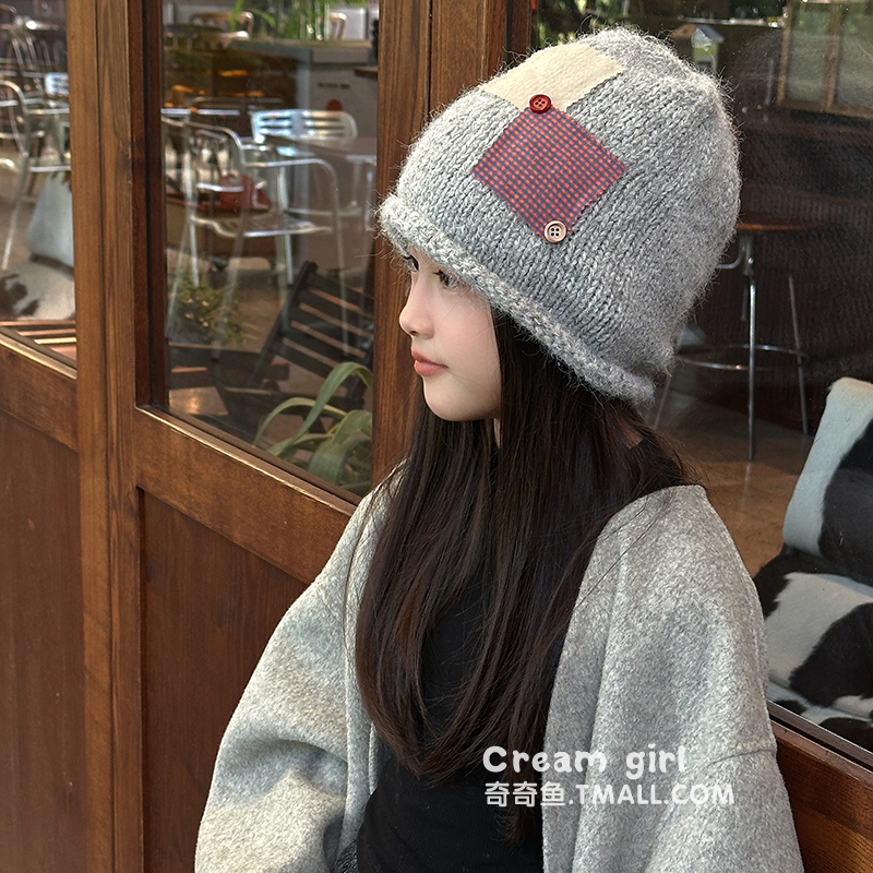 复古纽扣文艺针织帽时尚冷帽秋冬