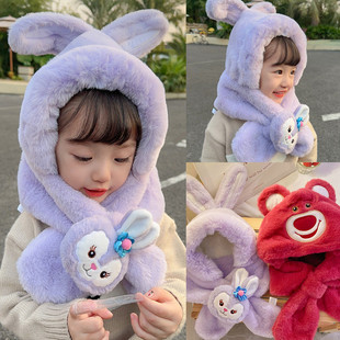 冬季儿童帽子围巾一体护脖帽秋冬保暖可爱风女孩草莓熊宝宝护耳帽