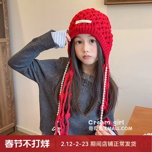 2025秋冬女韩版流苏防风编织帽子针织钩花布标保暖护耳毛线套头帽
