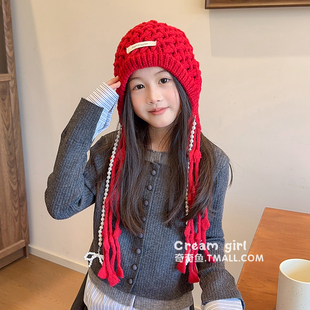 马年儿童可爱编织毛线帽秋冬新年针织套头帽过年女童保暖加厚帽子