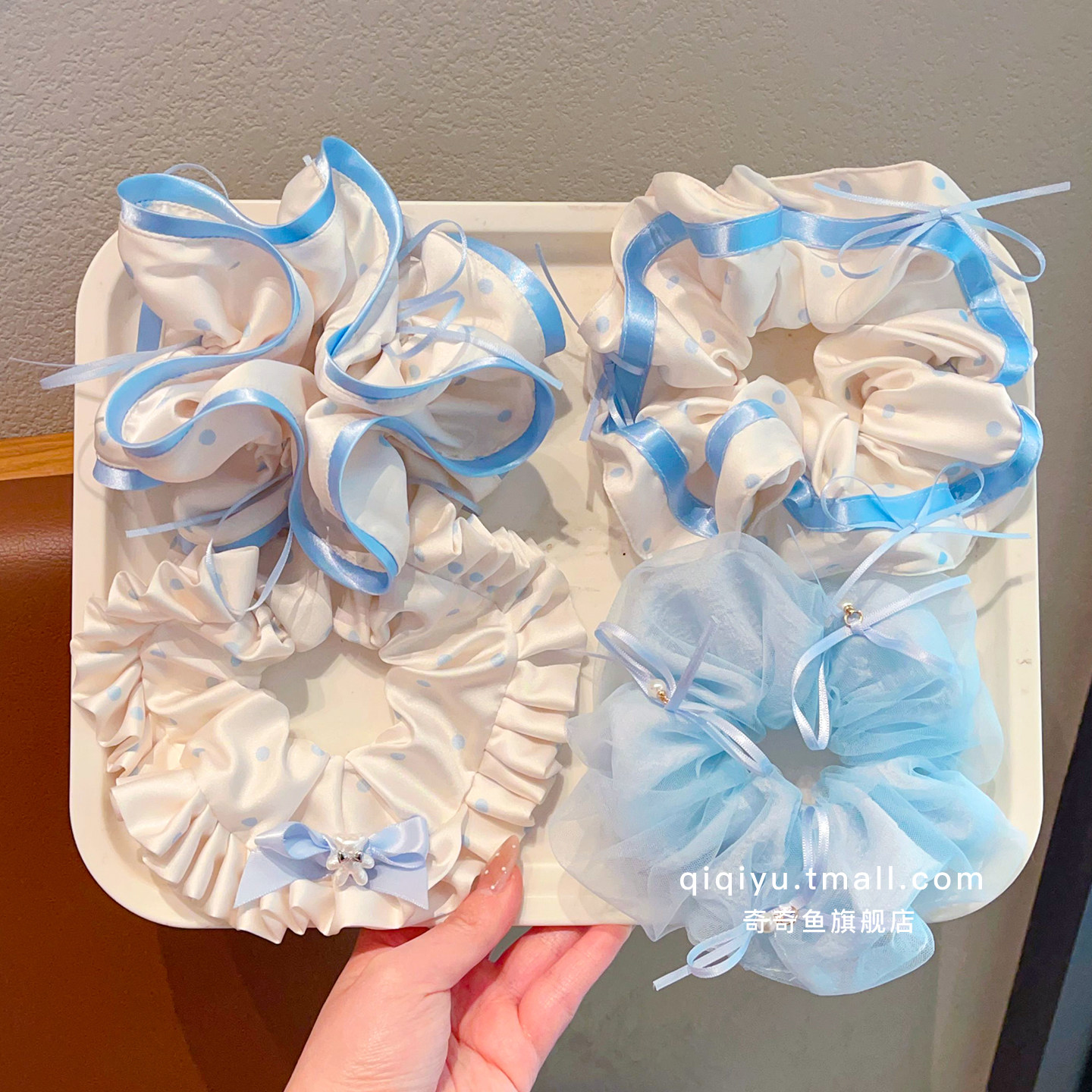 中大童蝴蝶结蕾丝大肠发圈宝宝高级感蓝白波点头绳女童扎马尾发绳