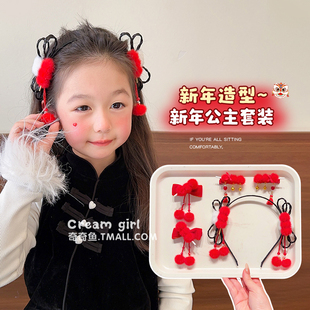 宝宝新年红色喜庆发夹蝴蝶结新年发饰女童古风头饰中国风汉服发卡