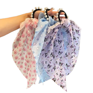 女童碎花珍珠发圈宝宝卡通库洛米头饰儿童扎发绳女孩编发飘带皮筋