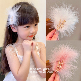儿童发夹超仙羽毛高级感仿珍珠发饰女童发卡大号精致侧边夹子头饰