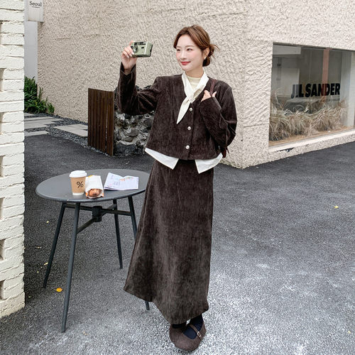 日式2026美拉德咖色假两件套装女春秋好看风漂亮高级感两件套修身
