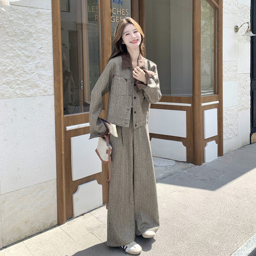老钱风毛呢外套长裤套装女秋季轻薄休闲时尚气质感两件套通勤大码
