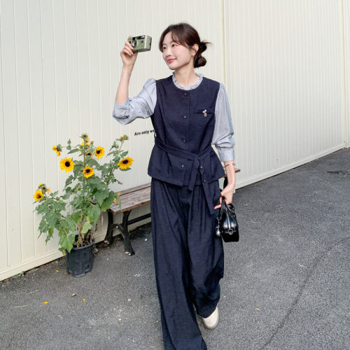 韩系好看假两件套装女2026秋季拼接上衣高腰阔腿裤两件套中老年慵
