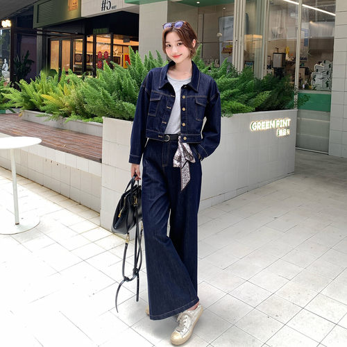 洋气风牛仔套装女2026秋季修身短外套阔腿裤四件套港风穿搭高级日