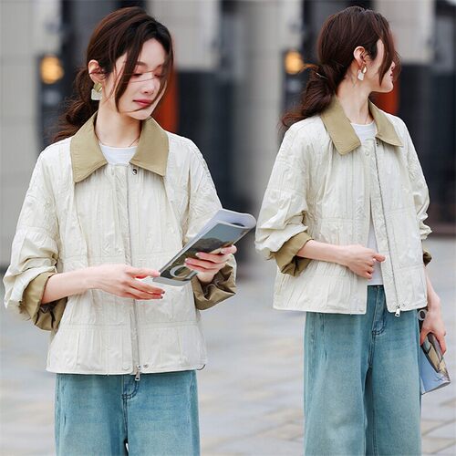春季休闲撞色翻领短外套女百搭