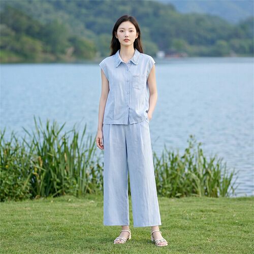夏季浅蓝百搭短袖阔腿两件套女