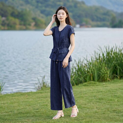 夏季休闲女短袖阔腿裤两件套
