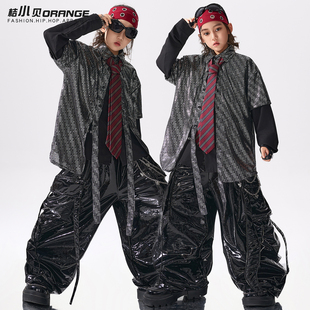 儿童hiphop街舞演出服装男童黑色亮面嘻哈套装少儿架子鼓男孩潮服
