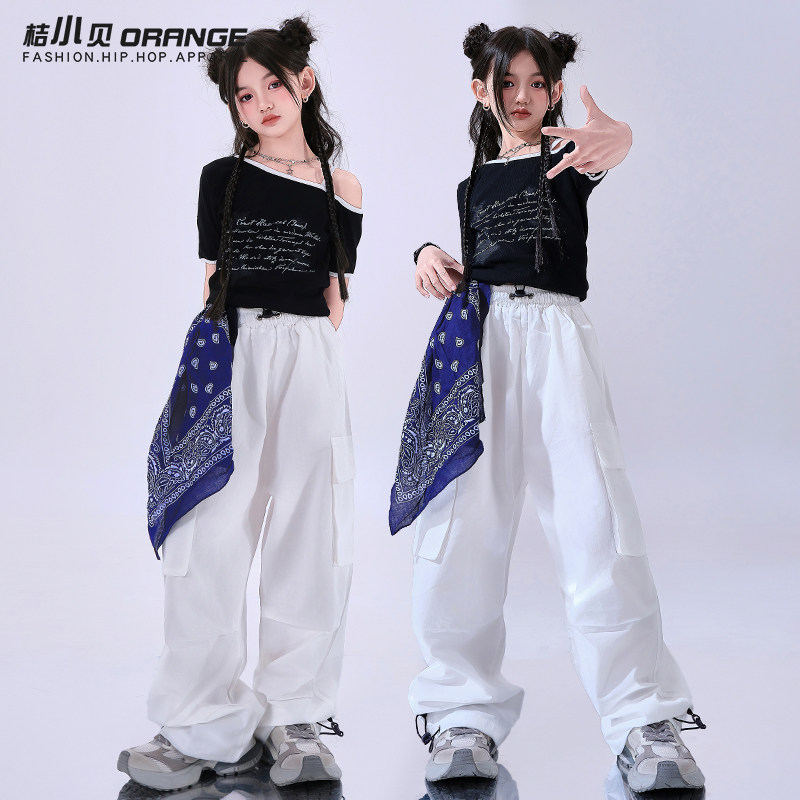 女童爵士舞街舞服装黑色短袖舞蹈服儿童走秀潮服少儿六一演出服夏