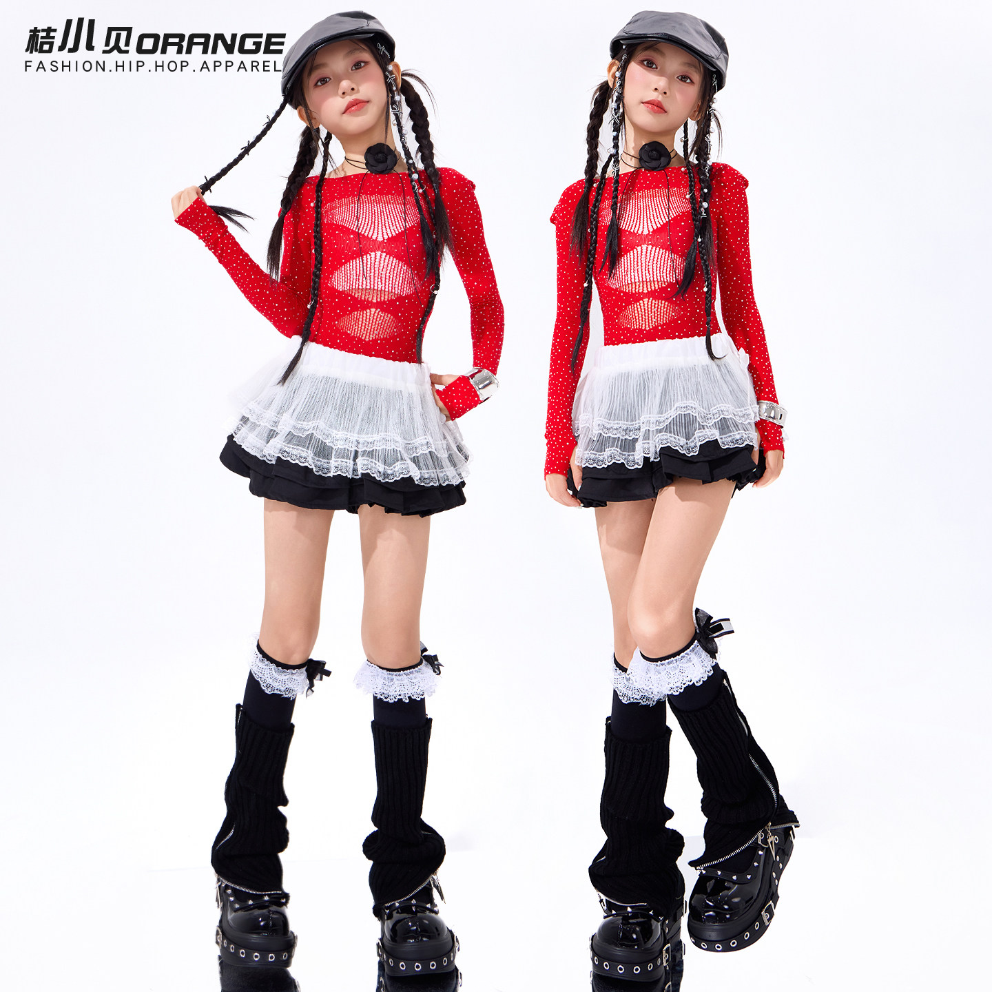 女童jazz爵士舞演出服女孩红色