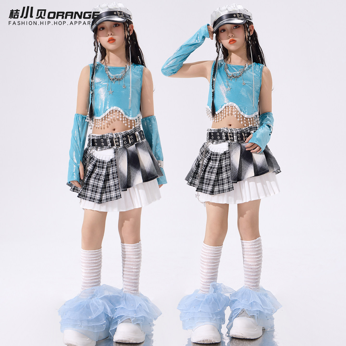 爵士舞女童服装蓝色背心儿童