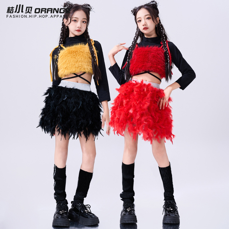 爵士舞服装女童红色毛毛抹胸裙子