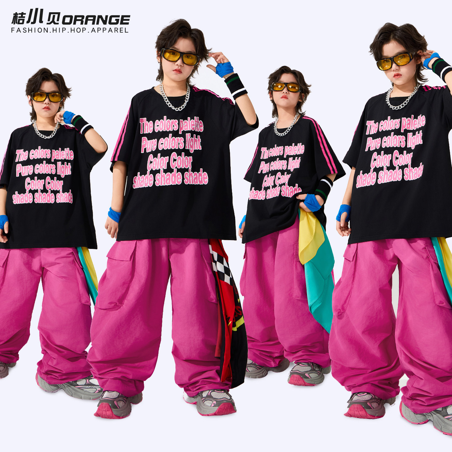 hiphop街舞童装儿童潮服嘻哈黑色短袖男童架子鼓少儿爵士演出服夏