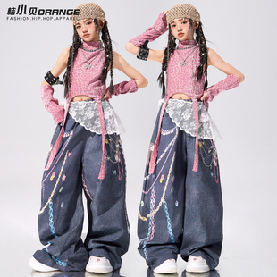 旦演出服套装 女童爵士舞服装 少儿jazz模特走秀潮酷时髦粉色豹纹元
