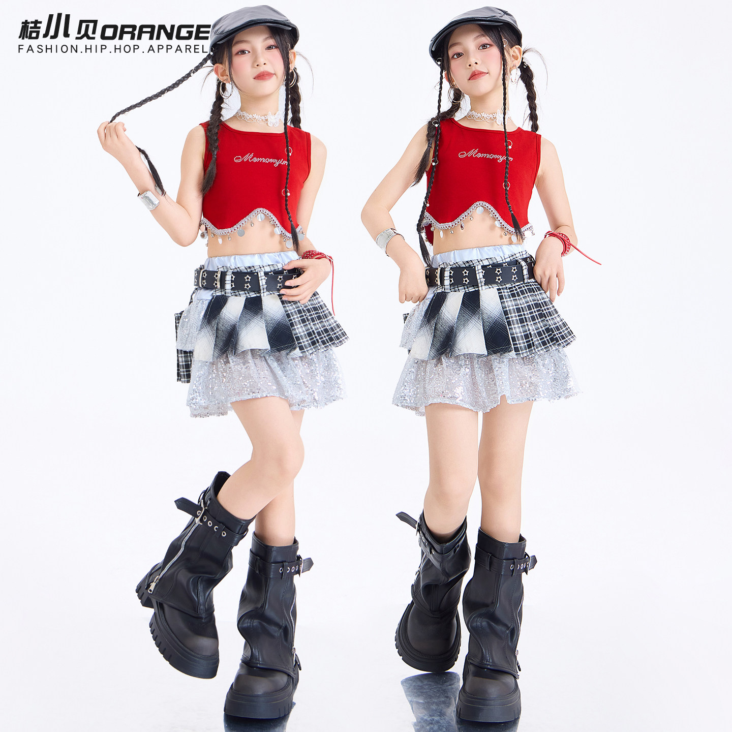 爵士舞演出服装女童红色背心jazz舞蹈练功服套装女孩秋季表演服装