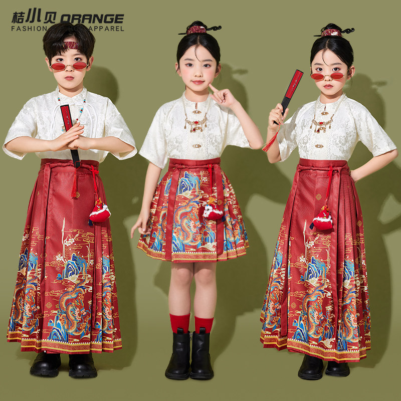 儿童合唱演出服红色龙腾汉服男童