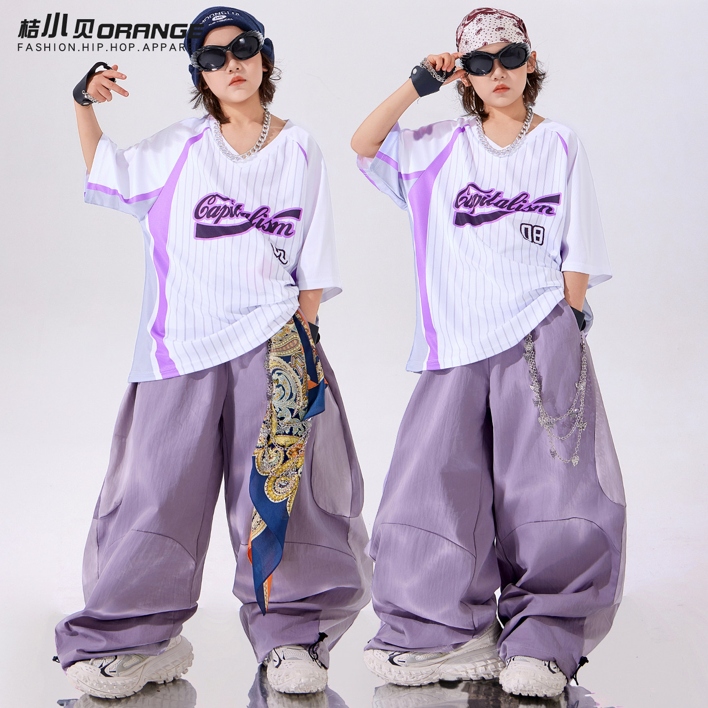 儿童街舞潮服套装少儿hiphop嘻哈白色短袖女童爵士舞男童演出服装