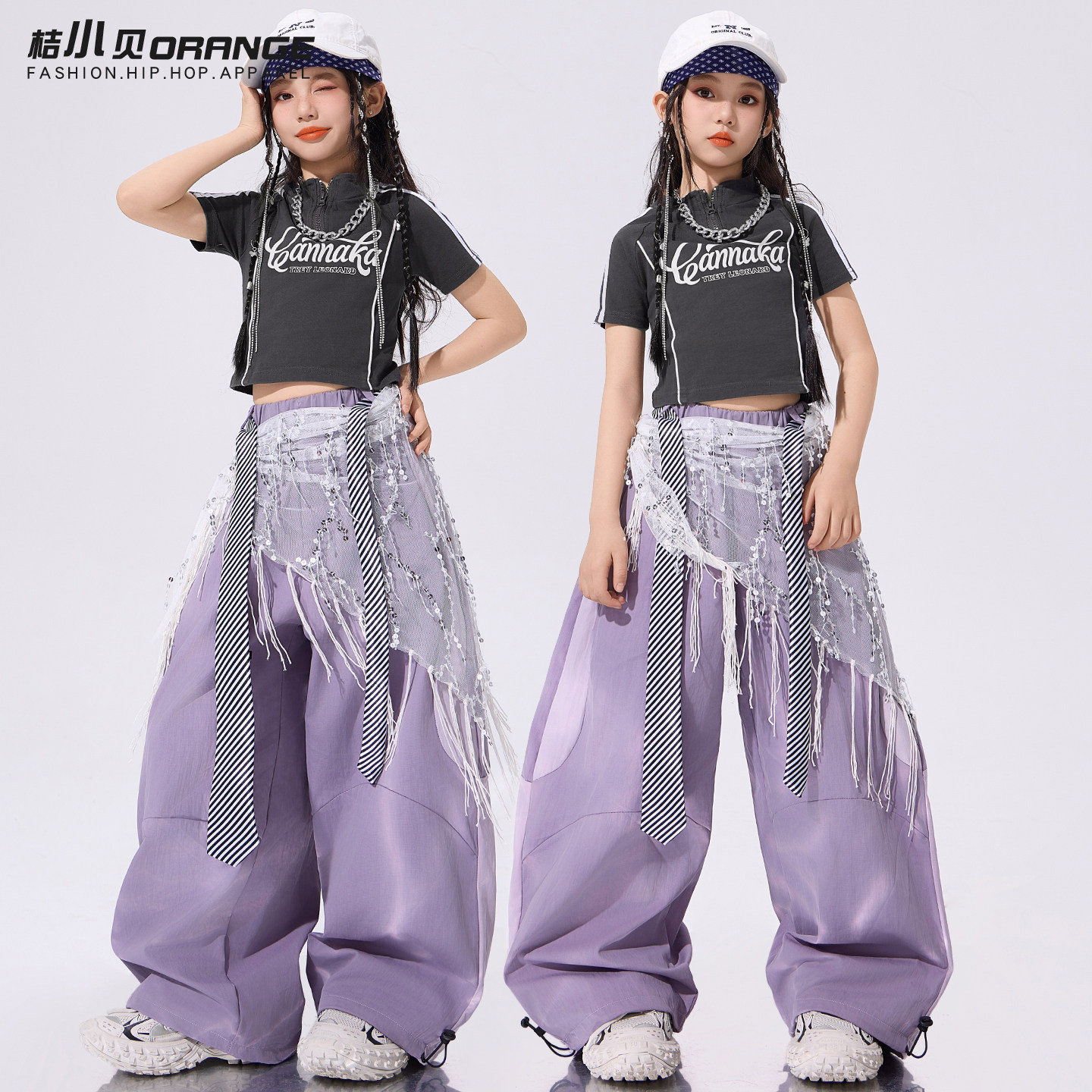女童爵士舞街舞服装jazz女孩露脐短袖舞蹈服hiphop酷炫儿童演出服