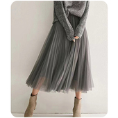 灰色高级感百褶长裙女秋冬新款 网纱半身裙黑色粉色内搭多层次纱裙