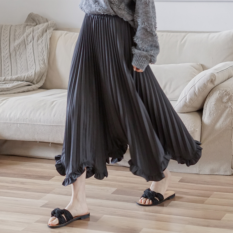 花瓣松紧腰压褶荷叶边A字百褶裙