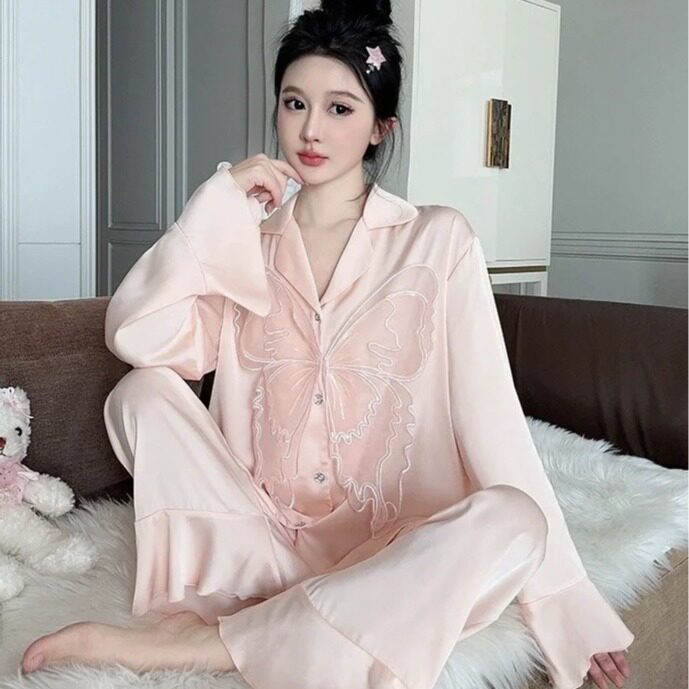 甜美纯欲蝴蝶睡衣套装女性感冰丝可外穿长袖长裤两件套气质家居服