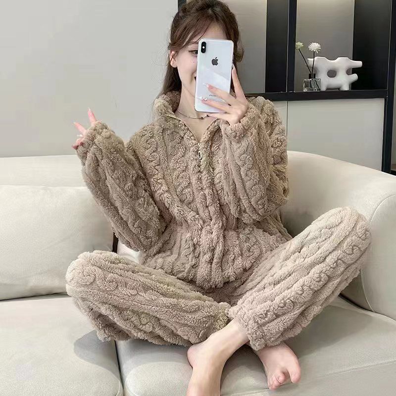 珊瑚绒睡衣女冬季网红加绒保暖拉链纯色法兰绒家居服套装可外穿