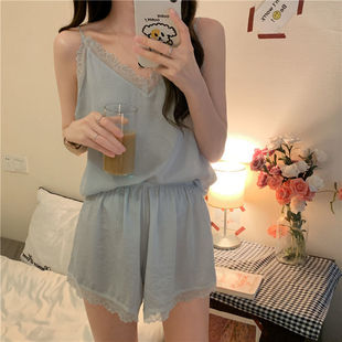 大码 吊带睡衣女夏季 夏天冰丝家居服丝绸两件套装 蕾丝性感套装 短裤