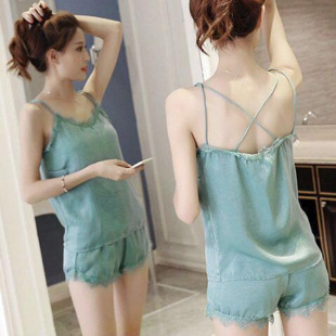 睡衣胖mm大码 仿真丝套装 睡衣女 性感吊带家居服两件套冰丝短裤 夏季