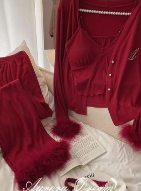 300斤大码睡衣女新年本命年红色秋冬莫代尔性感吊带带胸垫三件套2