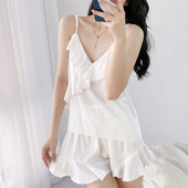 缎面丝带胸垫荷叶领甜美家居服 套装 2024年夏季 性感睡衣女吊带短裤