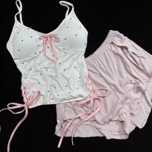 套装 少女背心短裤 纯欲风家居服带胸垫吊带睡衣女外穿美 新品 夏季