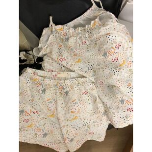 休闲宽松家居服套装 猫咪碎花吊带短裤 甜美可爱卡通睡衣女 新款 夏季