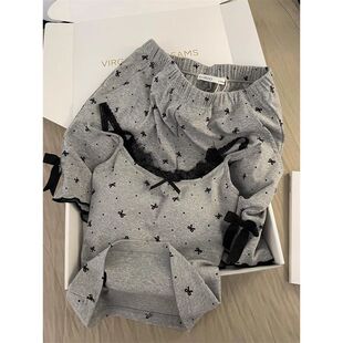 外穿家居服蕾丝蝴蝶结印花套装 带胸垫短裤 吊带睡衣女夏季 2025新款