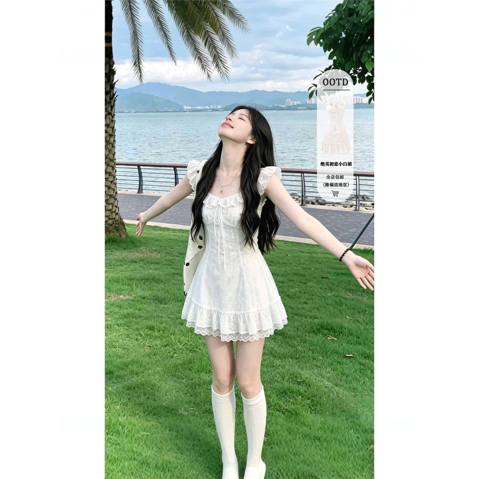 白色连衣裙短款小飞袖夏