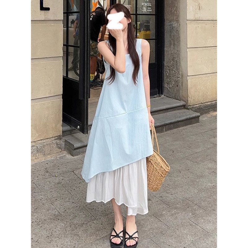 蓝色无袖背心连衣裙子女夏季2026新款法式气质高级感海边度假长裙