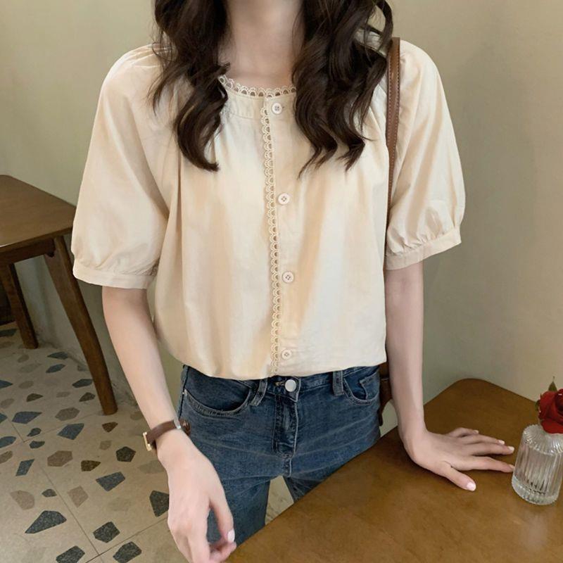 法式短袖衬衫女宽松2026夏季新款花边圆领上衣设计感百搭甜美衬衣