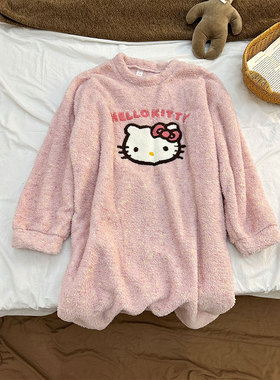 HelloKitty毛绒睡裙女秋冬2025新款长袖半边珊瑚绒卡通睡衣家居服